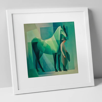 Emerald Geometry horse & rider art print in white frame
