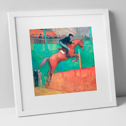 Emerald Arena Flight show jumping horse art print in white frame