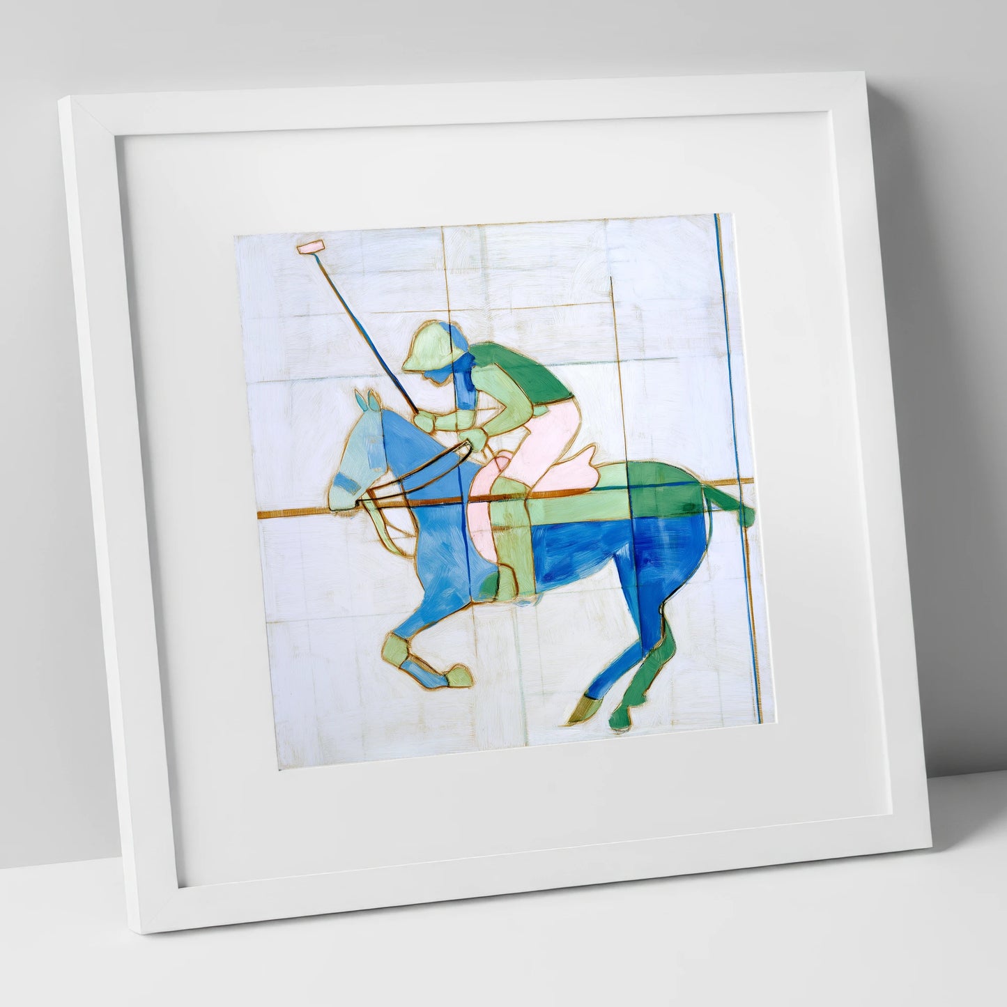 Azure Polo Rhythms polo horse art print in white frame
