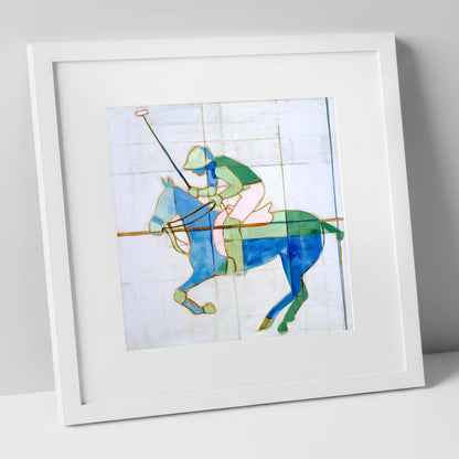 Azure Polo Rhythms polo horse art print in white frame
