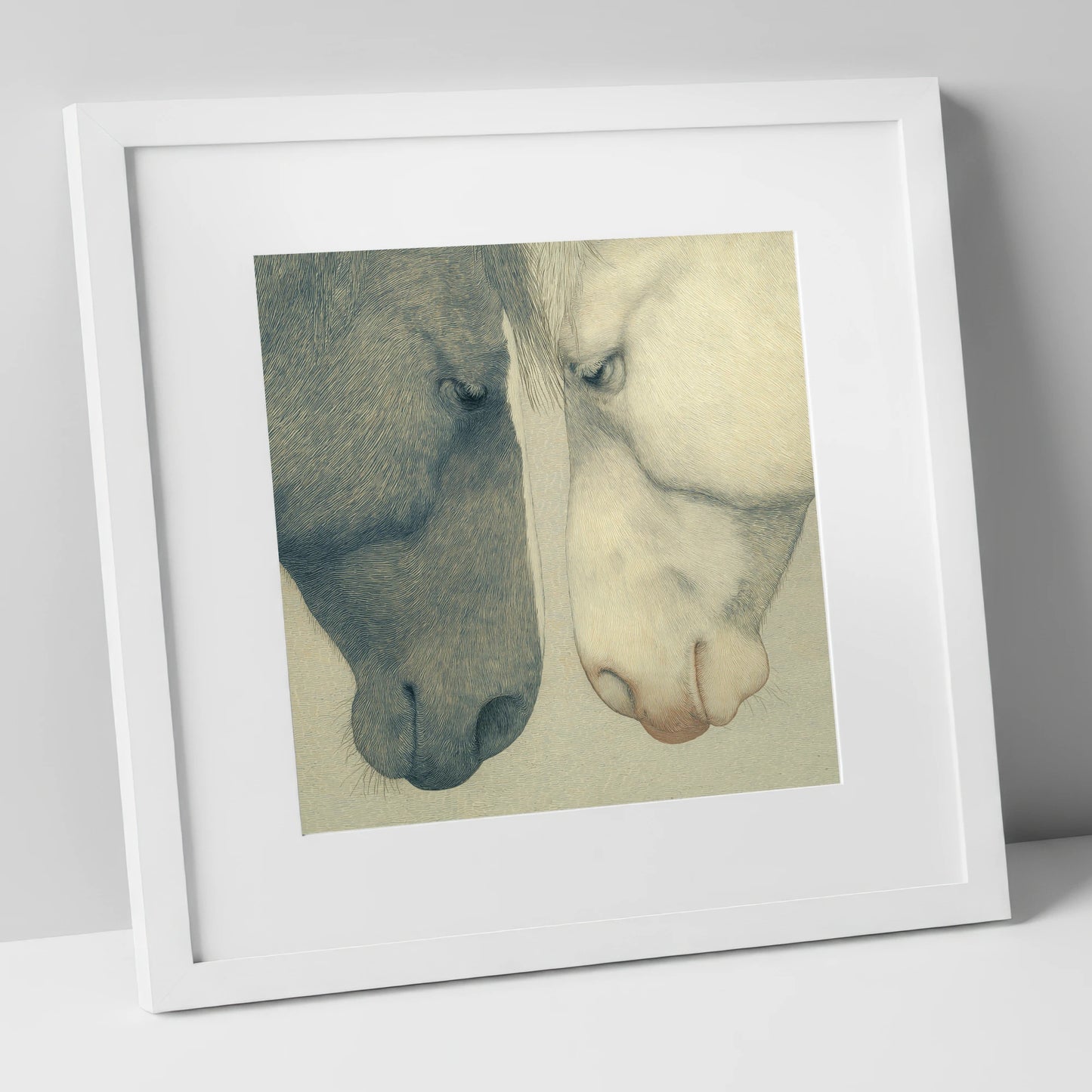 Gentle Counterparts horse portrait art print in white frame