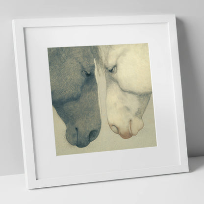 Gentle Counterparts horse portrait art print in white frame