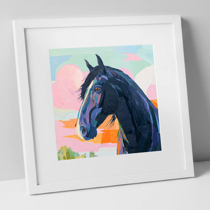 Vivid Midnight Profile horse breed art print in white frame