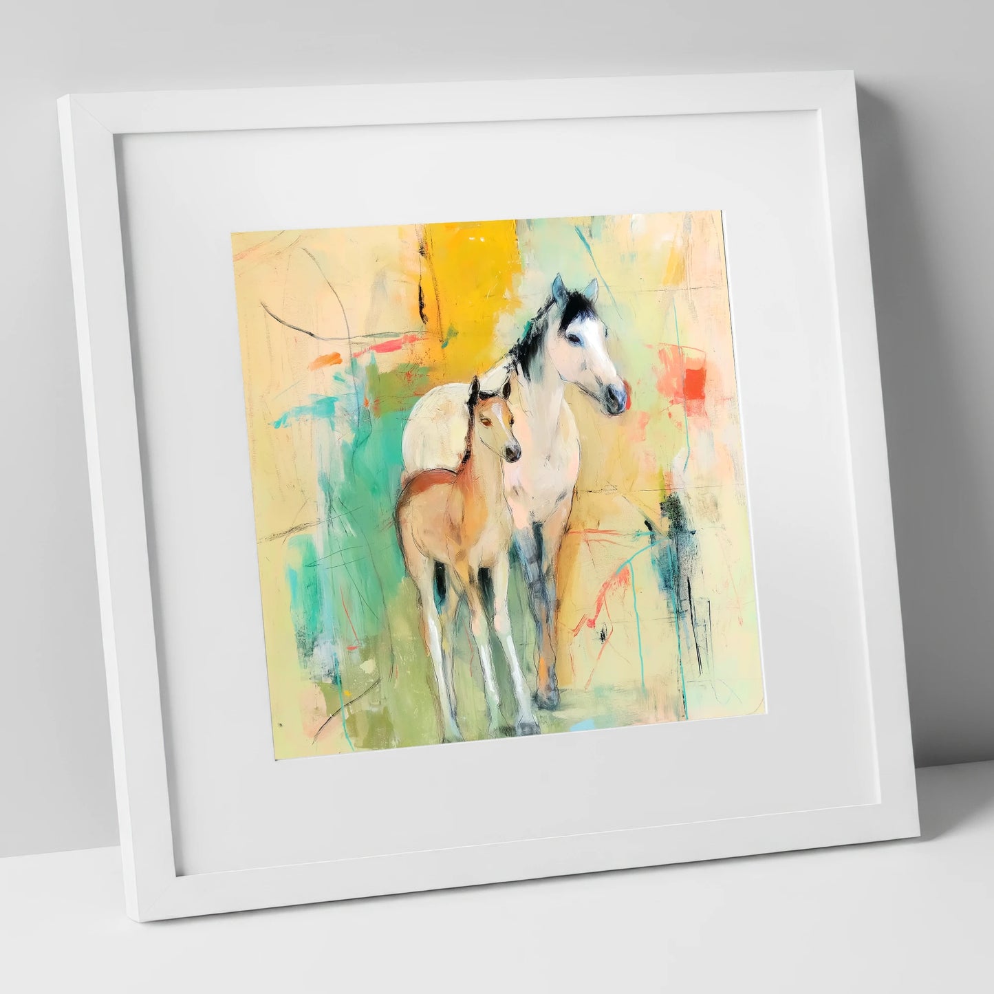 Gentle Guardianship mare & foal art print in white frame