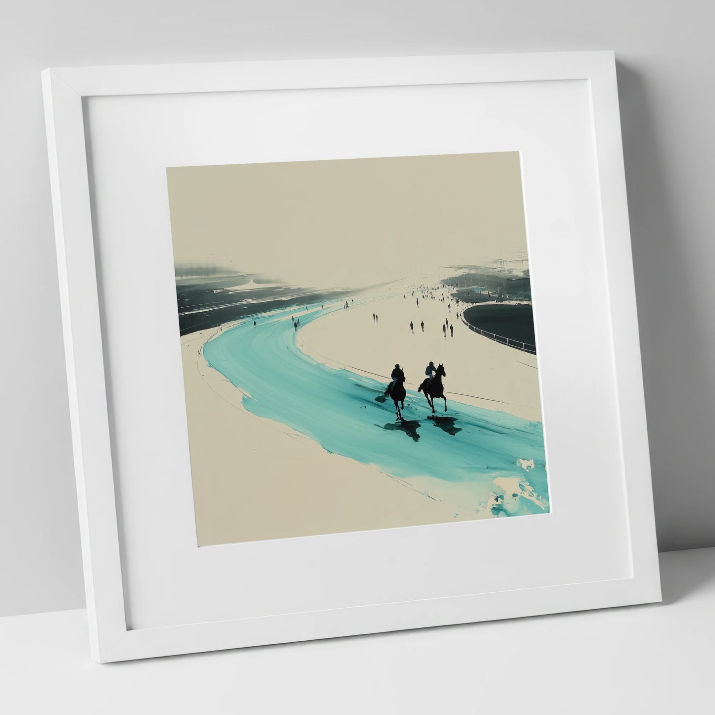 Sweeping the Bend racing horse art print in white frame