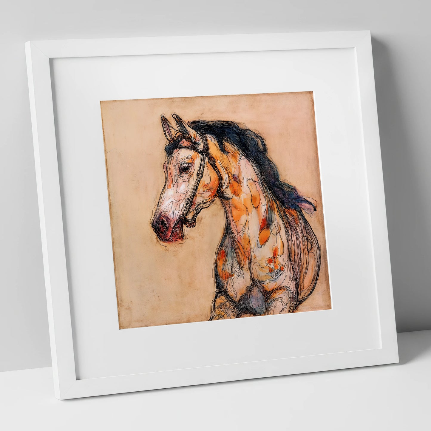Soulful Ochre Profile horse breed art print in white frame