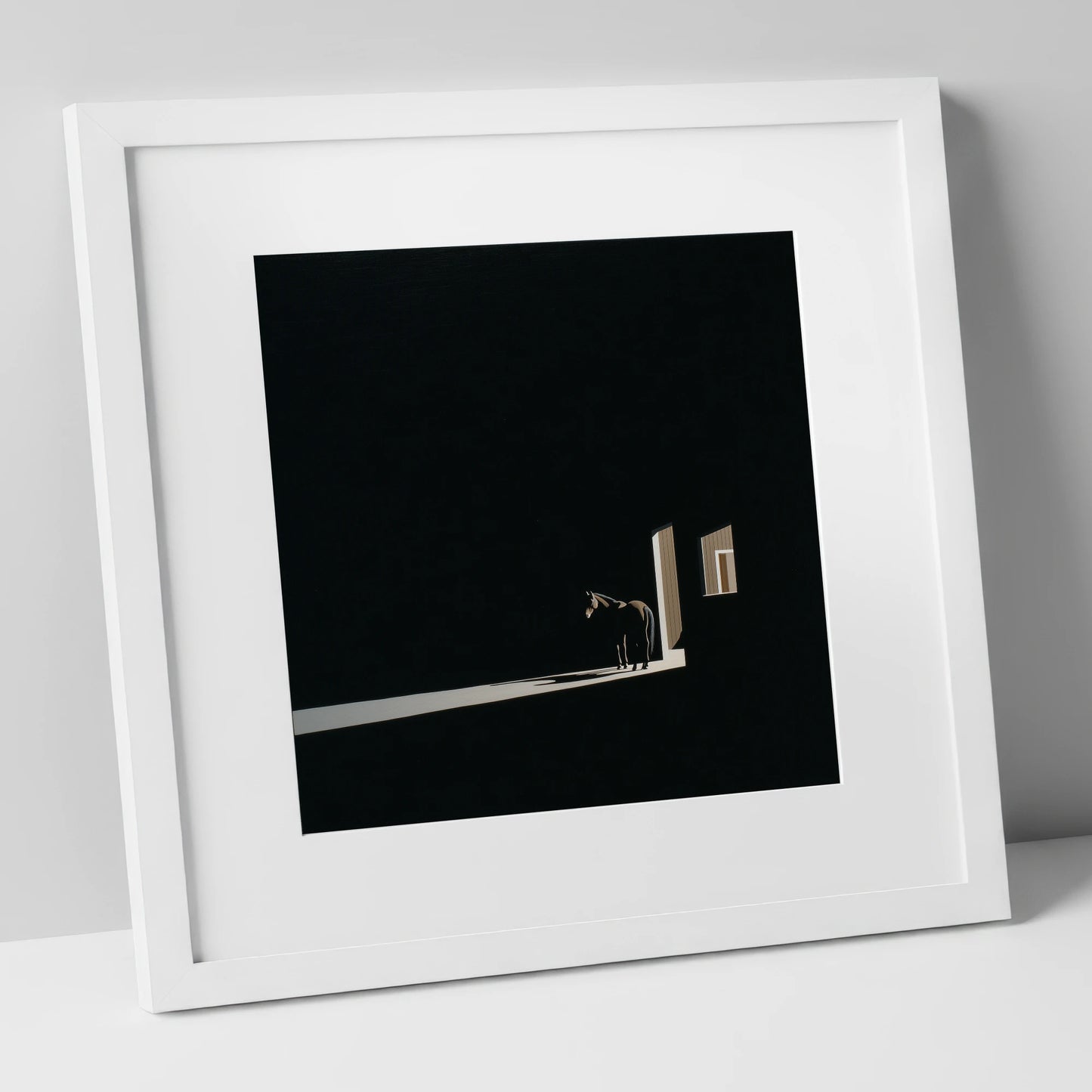Solitary Light horse stable art print in white frame