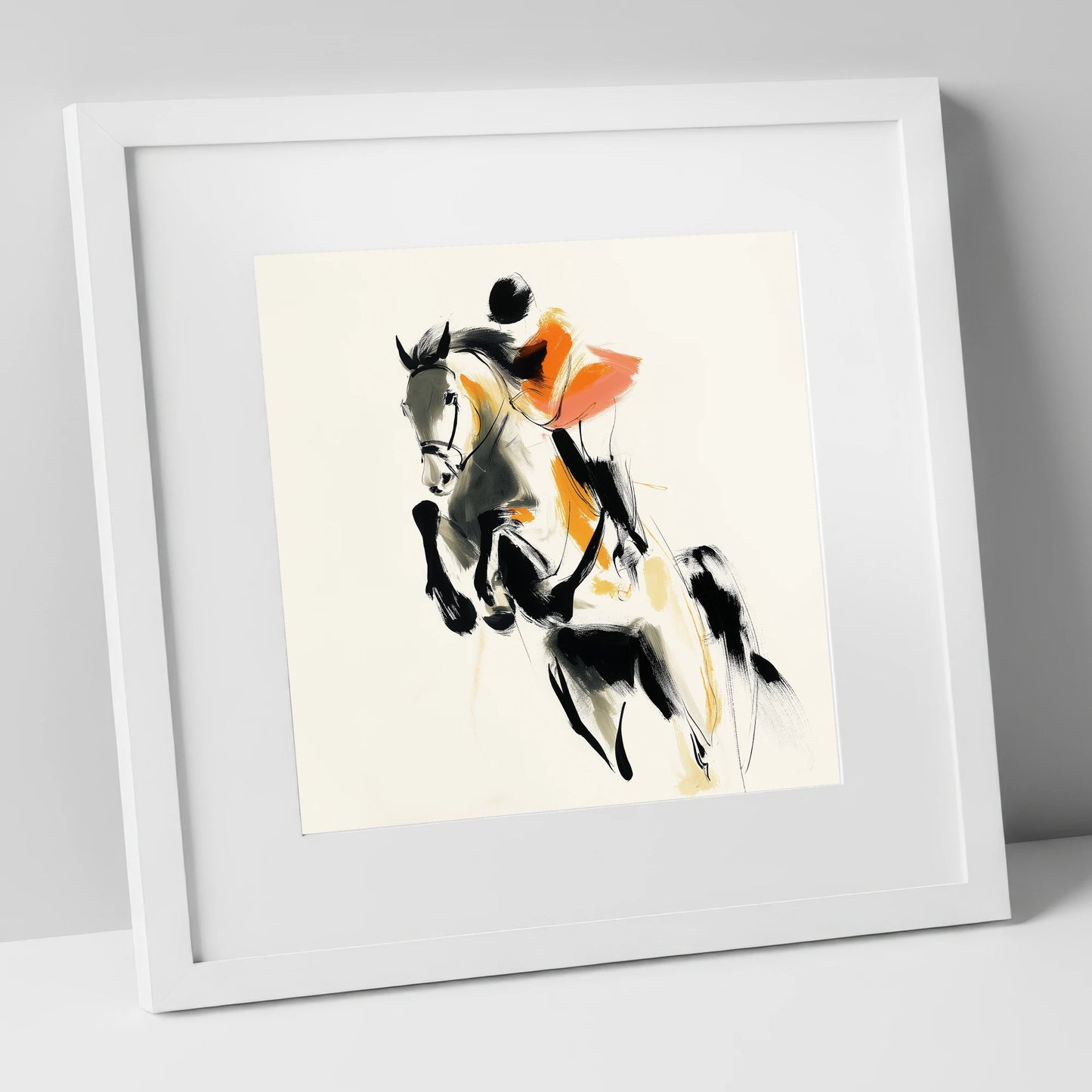 Amber Flight show jumping horse art print in white frame