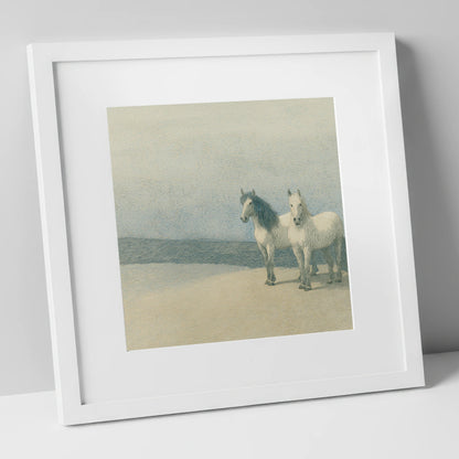 Slate Blue Companions horse landscape art print in white frame