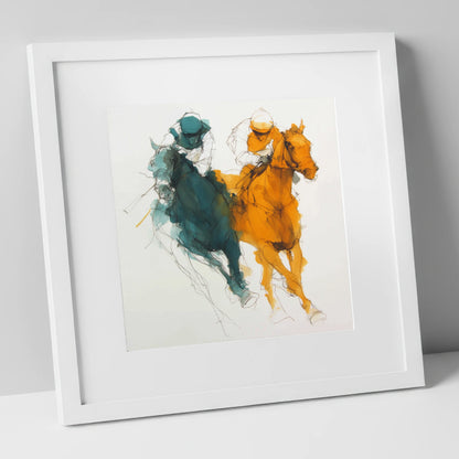 Dynamic Duel racing horse art print in white frame
