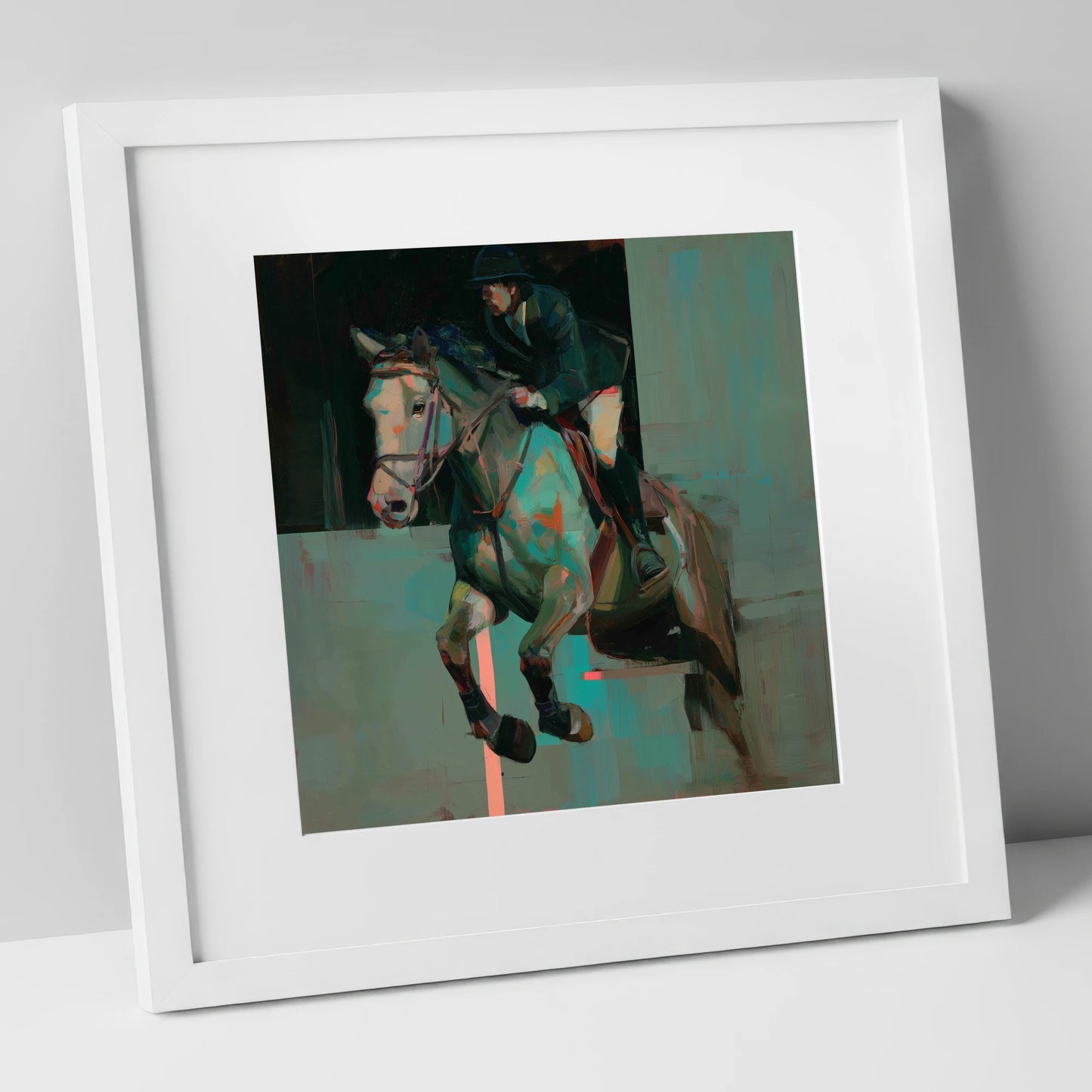 Suspended in Colour show jumping horse art print in white frame