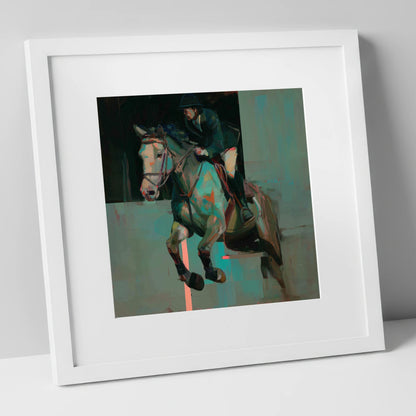 Suspended in Colour show jumping horse art print in white frame