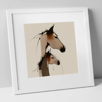 Tender Sepia Bond mare & foal art print in white frame
