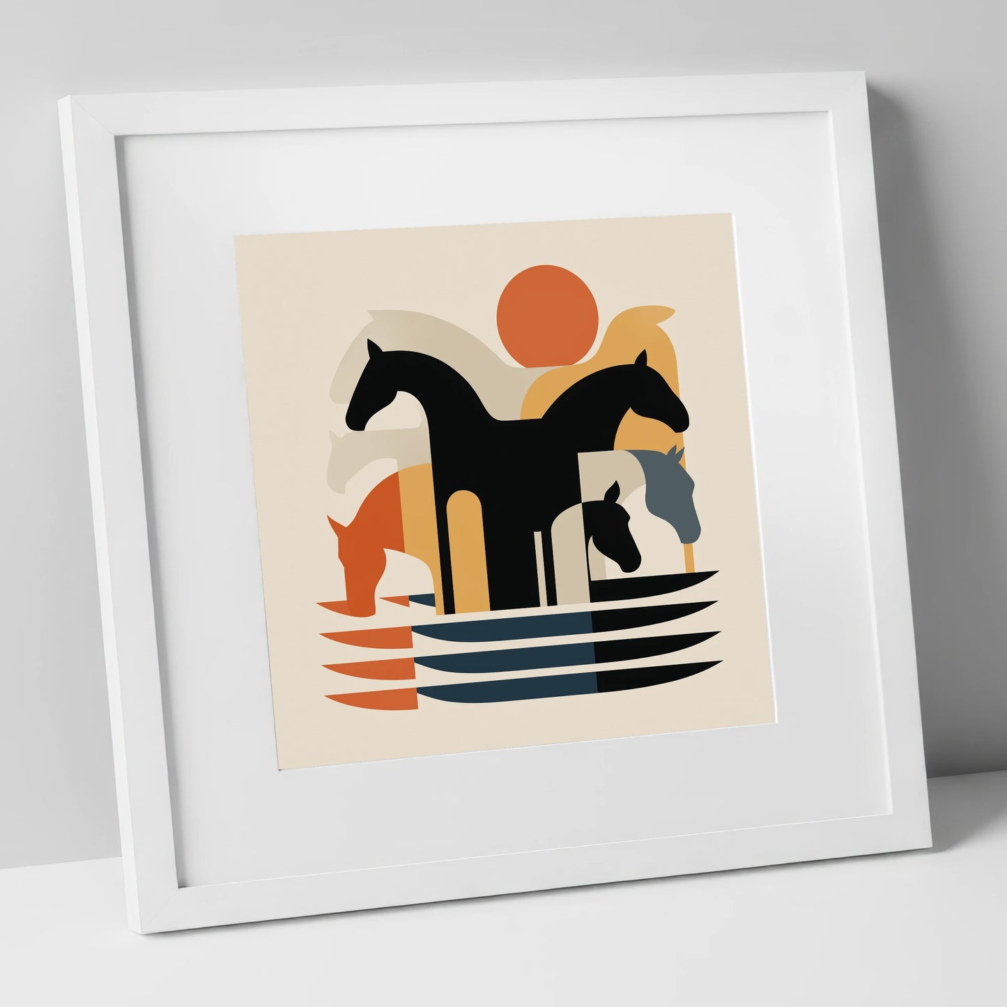 Abstract Terracotta Herd wild horses art print in white frame