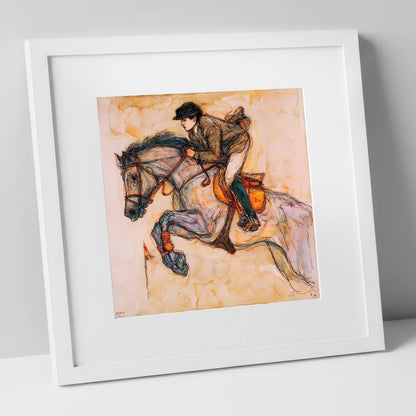 Suspended Momentum show jumping horse art print in white frame