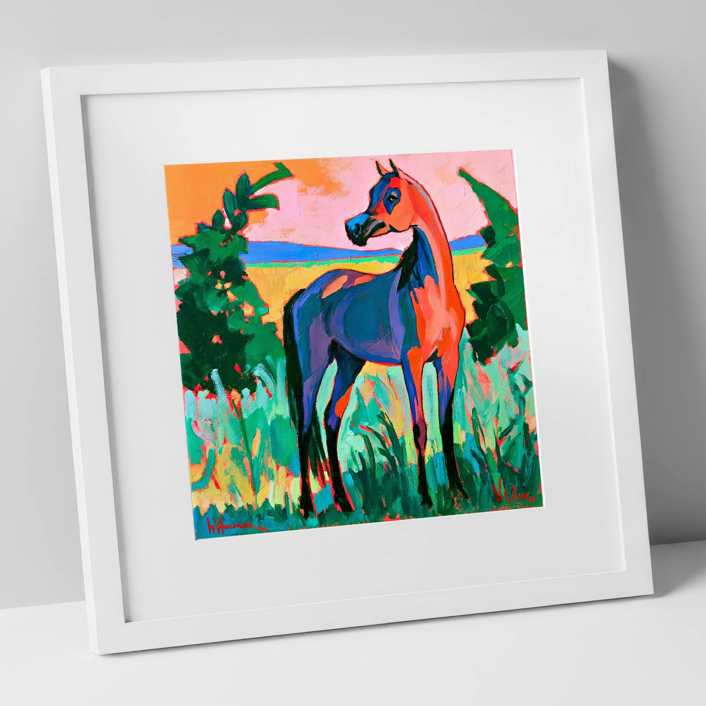 Vibrant Expressionist Arabian Horse horse breed art print in white frame