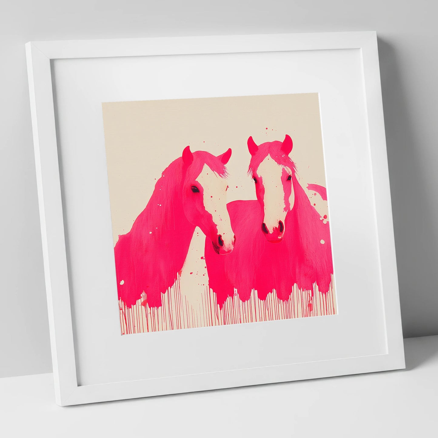 Vivid Magenta Pair horse landscape art print in white frame