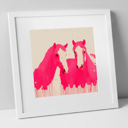 Vivid Magenta Pair horse landscape art print in white frame