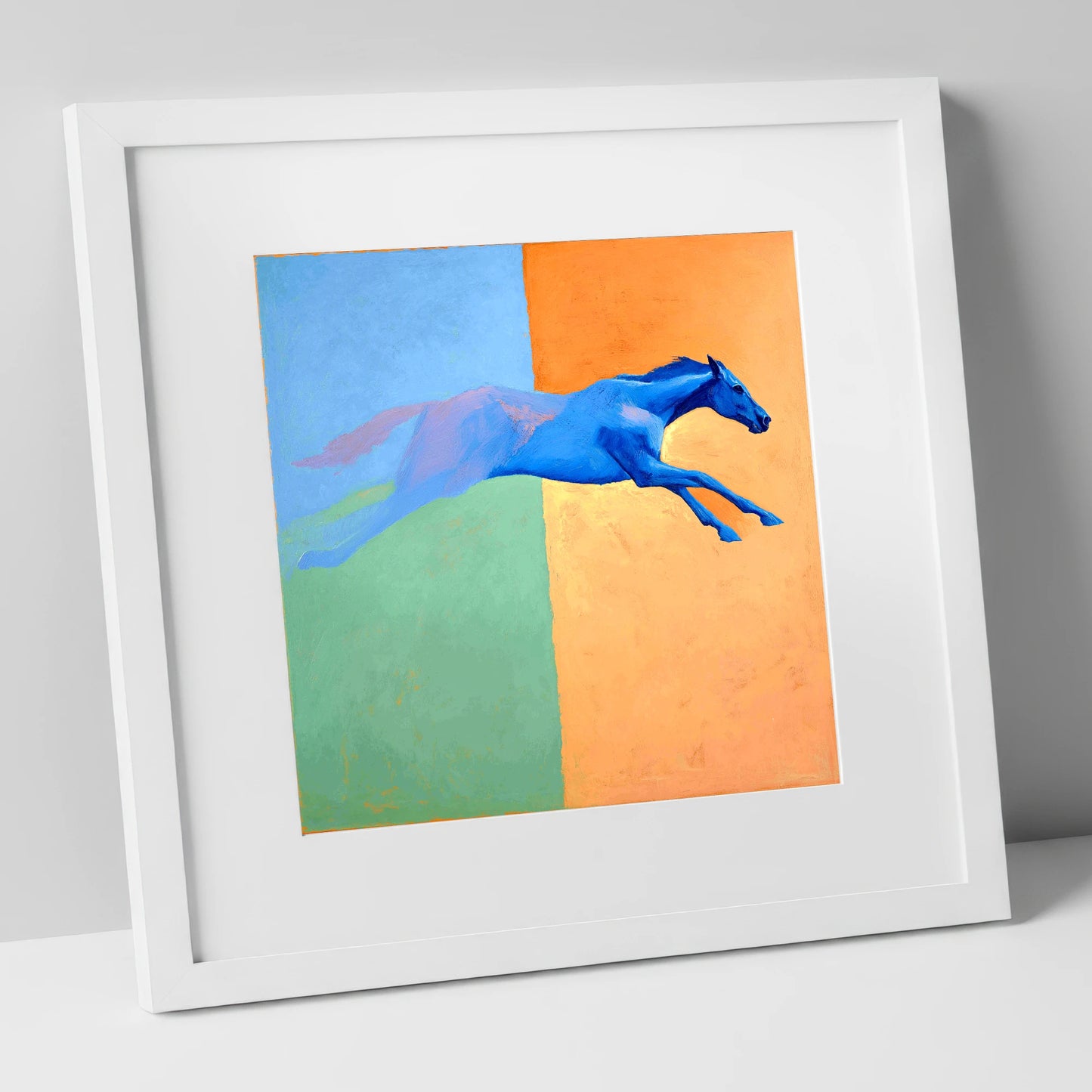 Cobalt Stretch racing horse art print in white frame