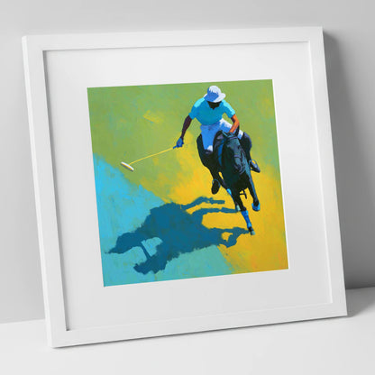 Sunlit Polo Pursuit polo horse art print in white frame
