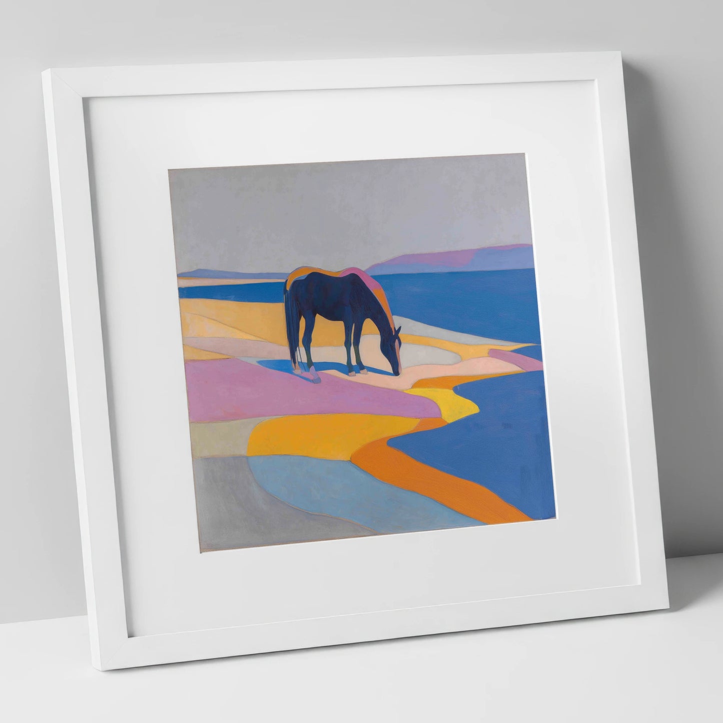 Vivid Equine Horizon horse landscape art print in white frame