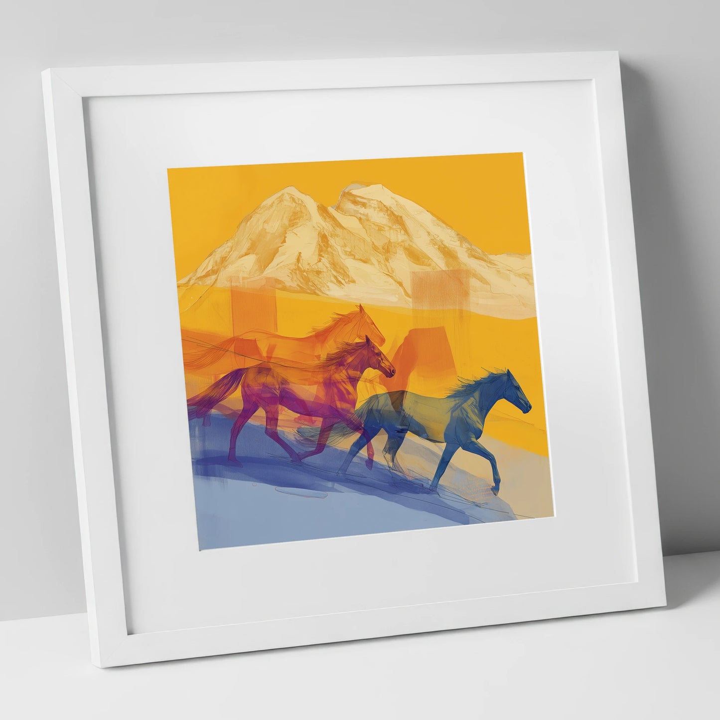 Golden Mountain Canter horse landscape art print in white frame