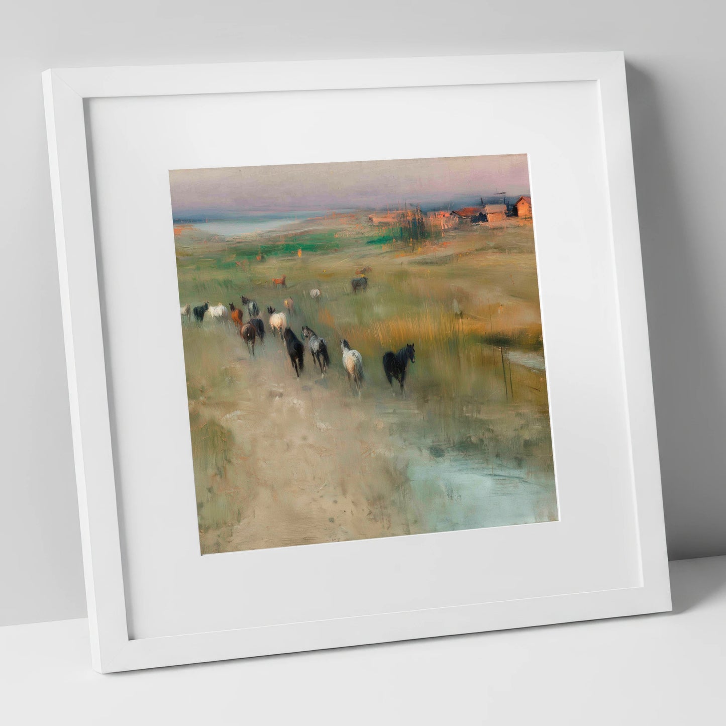 Roaming the Marshes wild horses art print in white frame