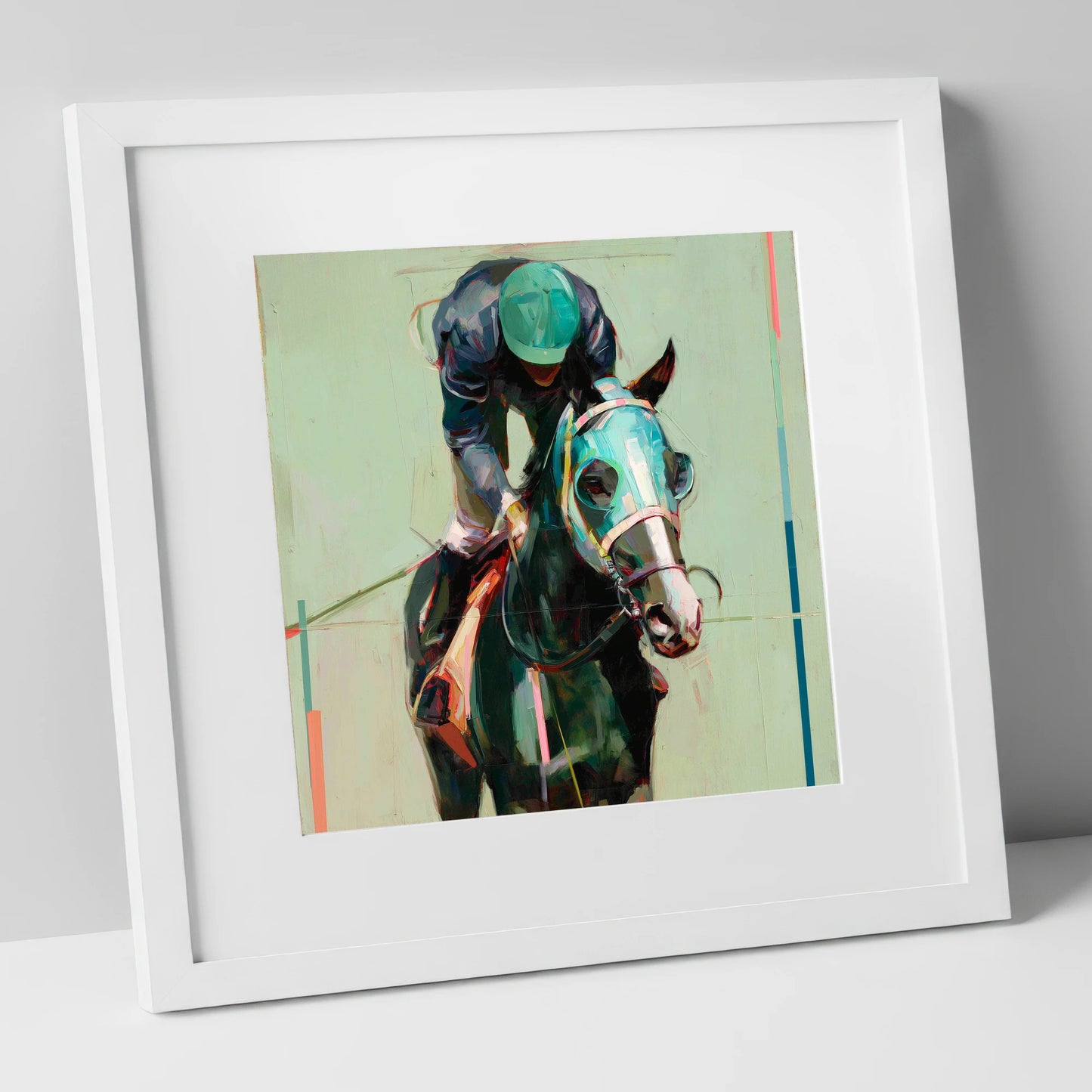 Blinkered Focus racing horse art print in white frame