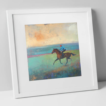 Early Morning Gallop racing horse art print in white frame