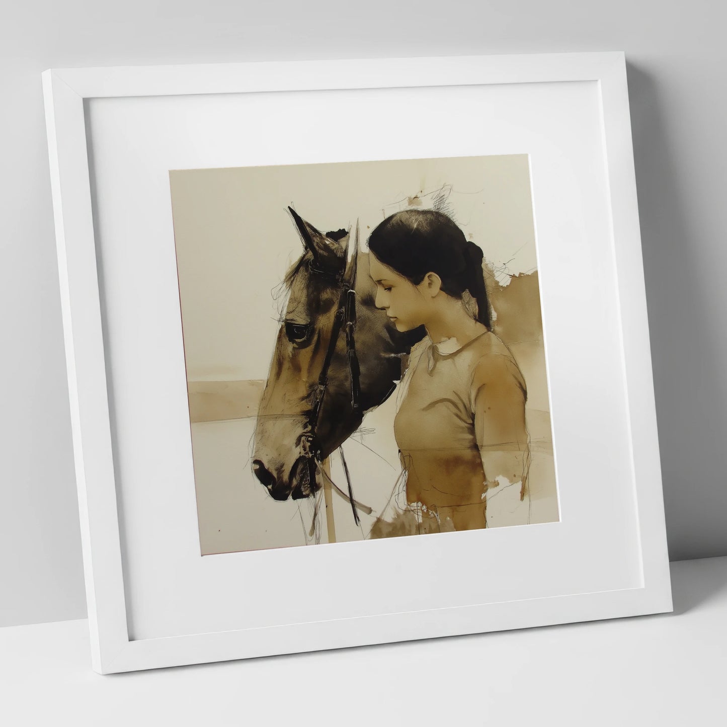 Unspoken Harmony horse & rider art print in white frame