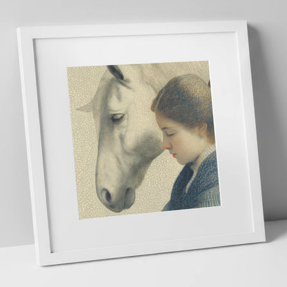 Gentle Reflections horse & rider art print in white frame