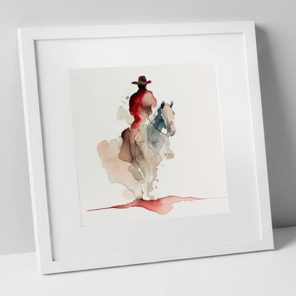 Crimson Trail Rider western horse art print in white frame