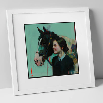 A Shared Understanding horse & rider art print in white frame
