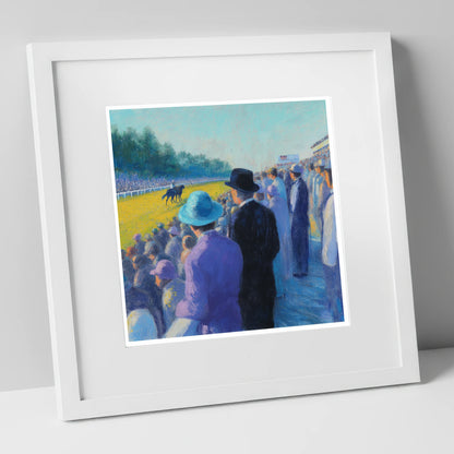 Shadows on the Turf racing horse art print in white frame