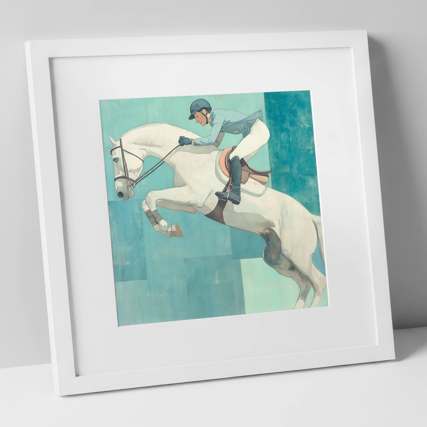 Aquamarine Flight show jumping horse art print in white frame