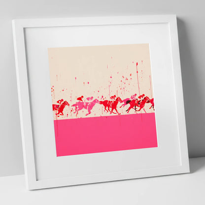 Crimson Surge racing horse art print in white frame