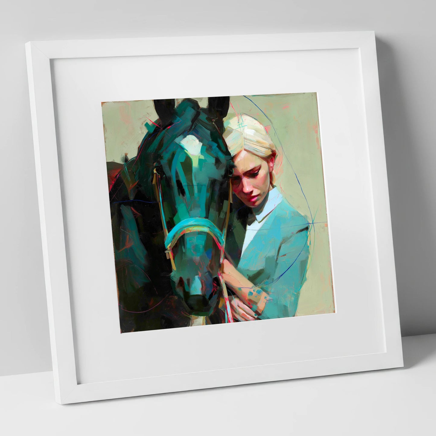 Silent Understanding horse & rider art print in white frame