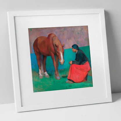 The Silent Dialogue horse & rider art print in white frame