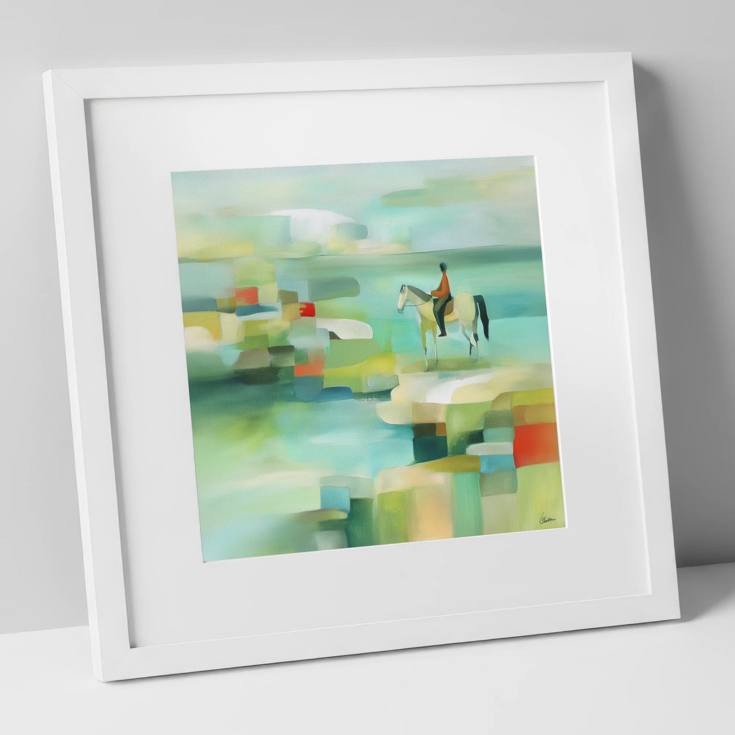 Geometric Shoreline Rider beach horse art print in white frame