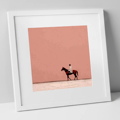 The Quiet Paddock racing horse art print in white frame