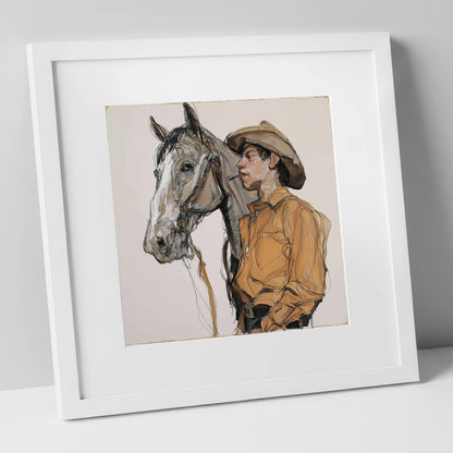 The Silent Bond western horse art print in white frame