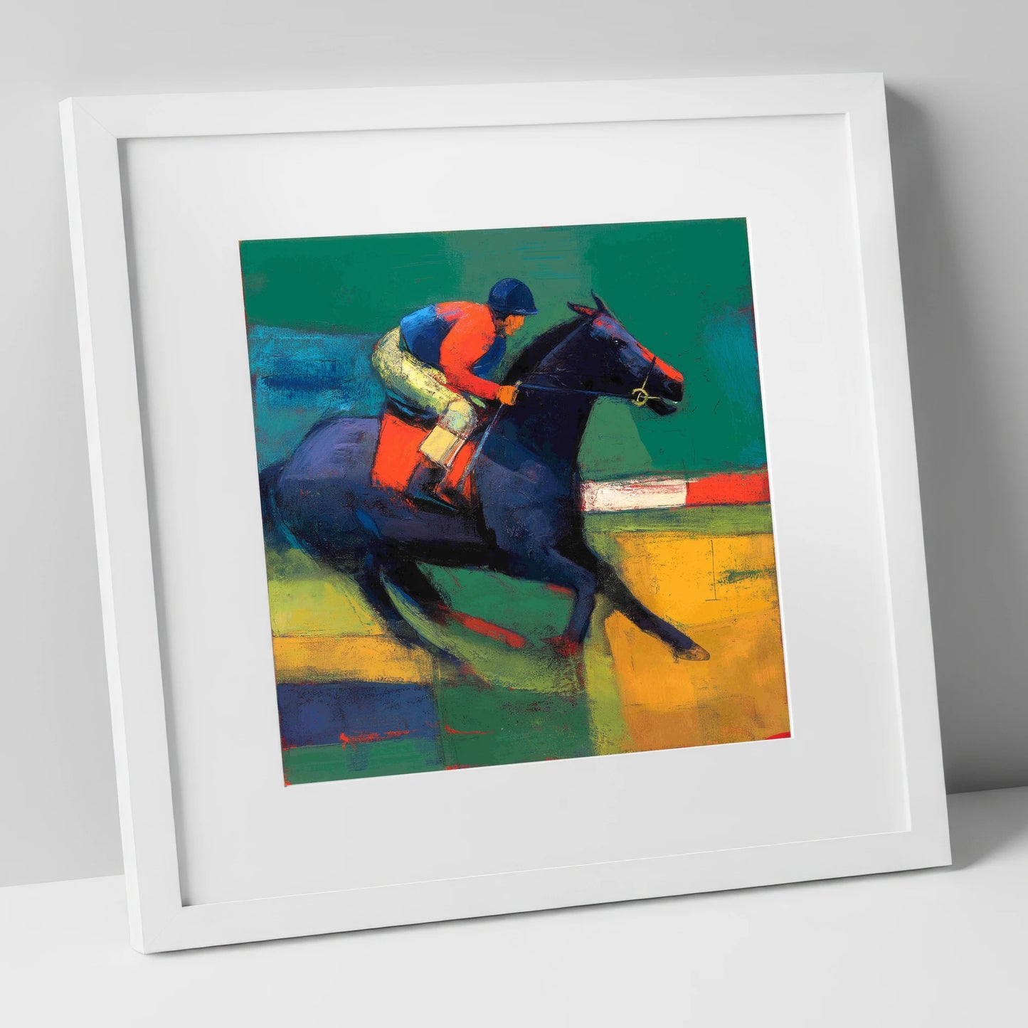 Thundering Colours racing horse art print in white frame