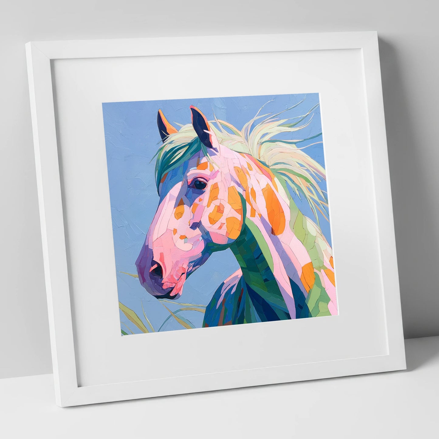 Technicolour Spirit horse breed art print in white frame