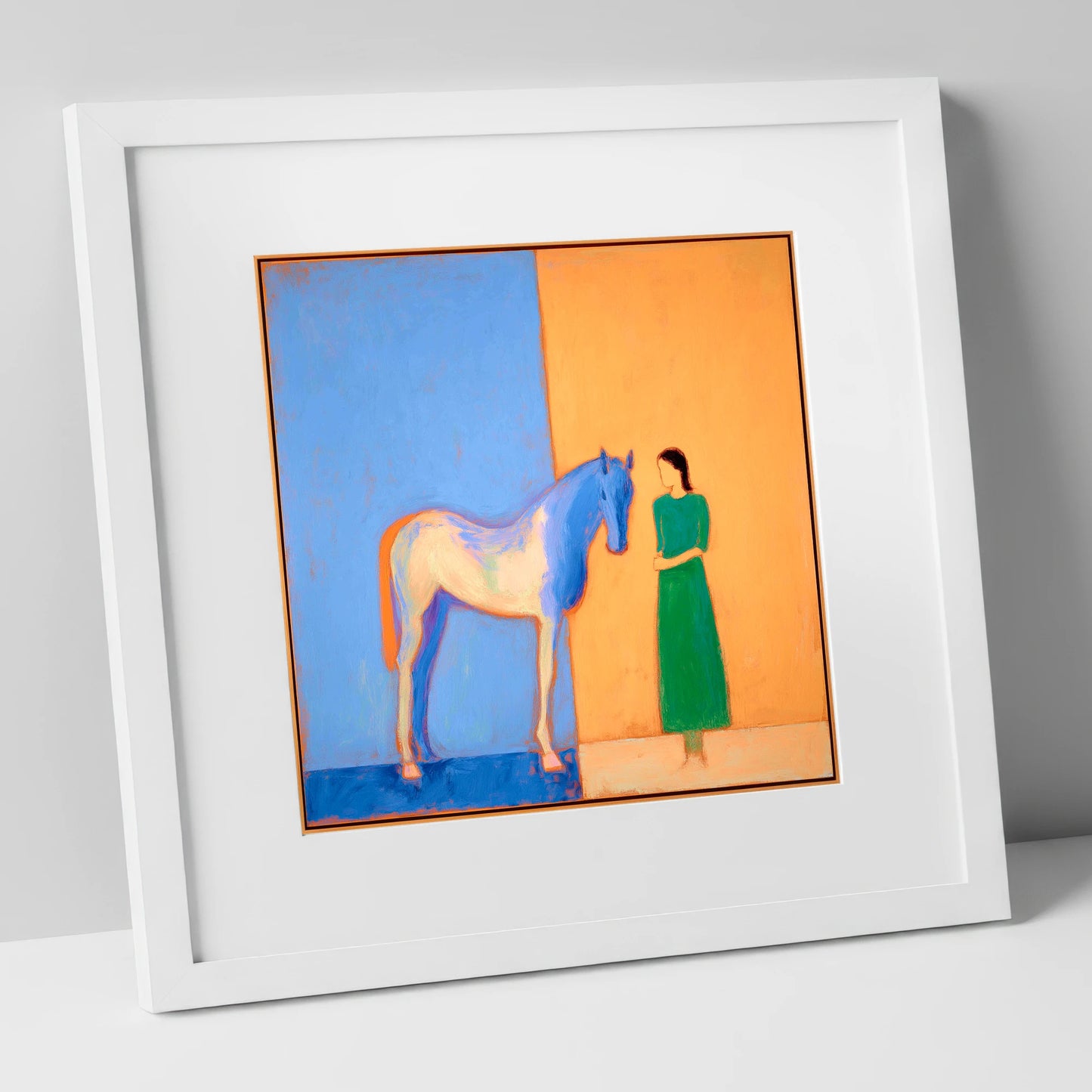 The Silent Bond horse & rider art print in white frame