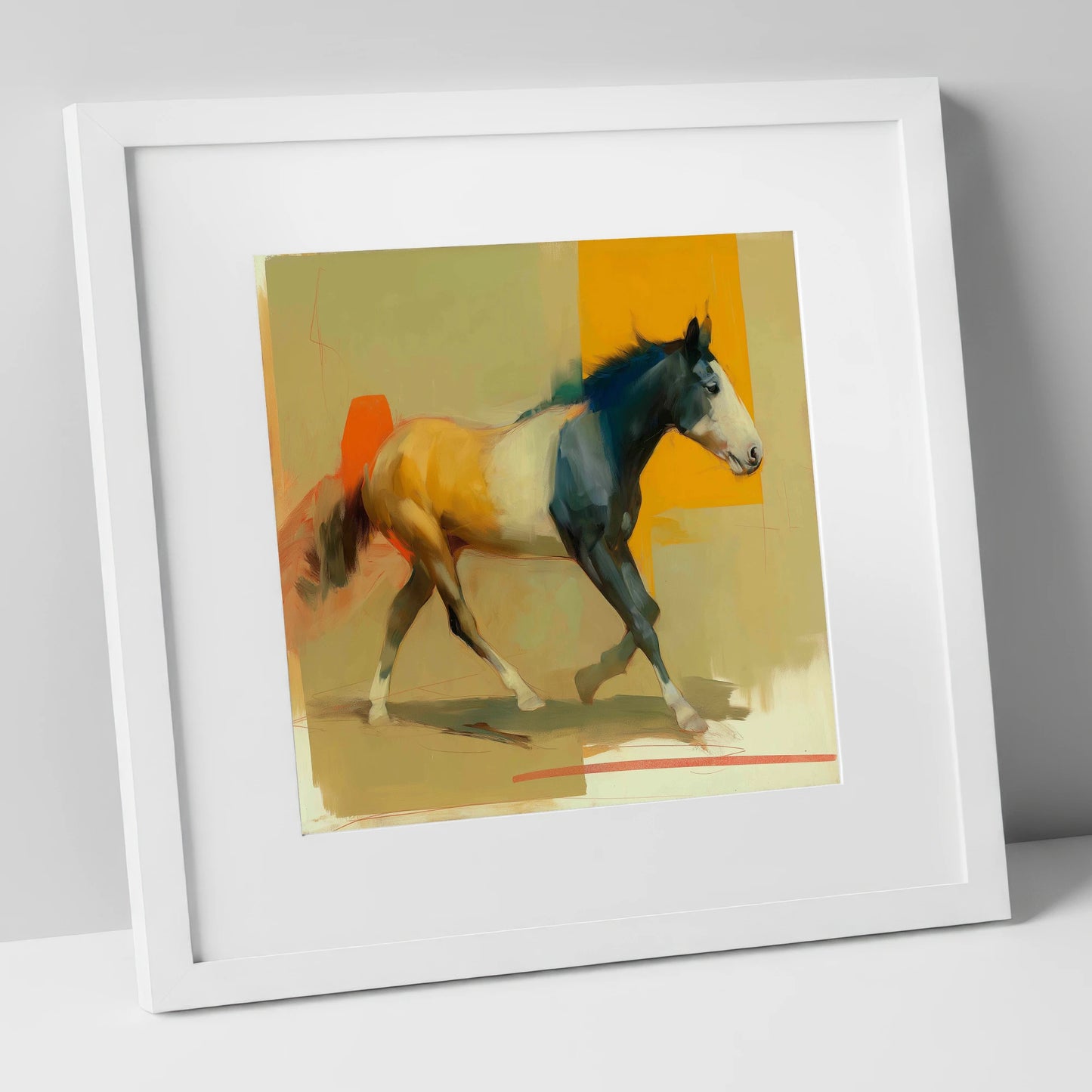 Vivid Abstract Stride horse portrait art print in white frame