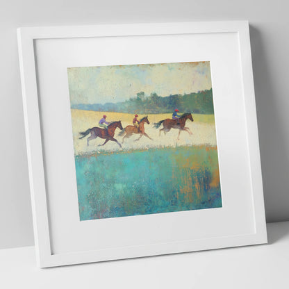 The Morning Gallop racing horse art print in white frame