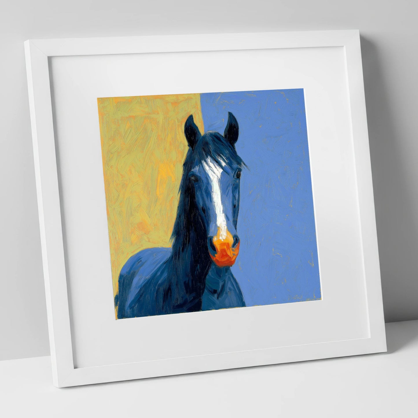 The Azure Blaze horse breed art print in white frame
