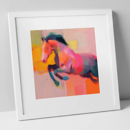 Fiery Leap show jumping horse art print in white frame