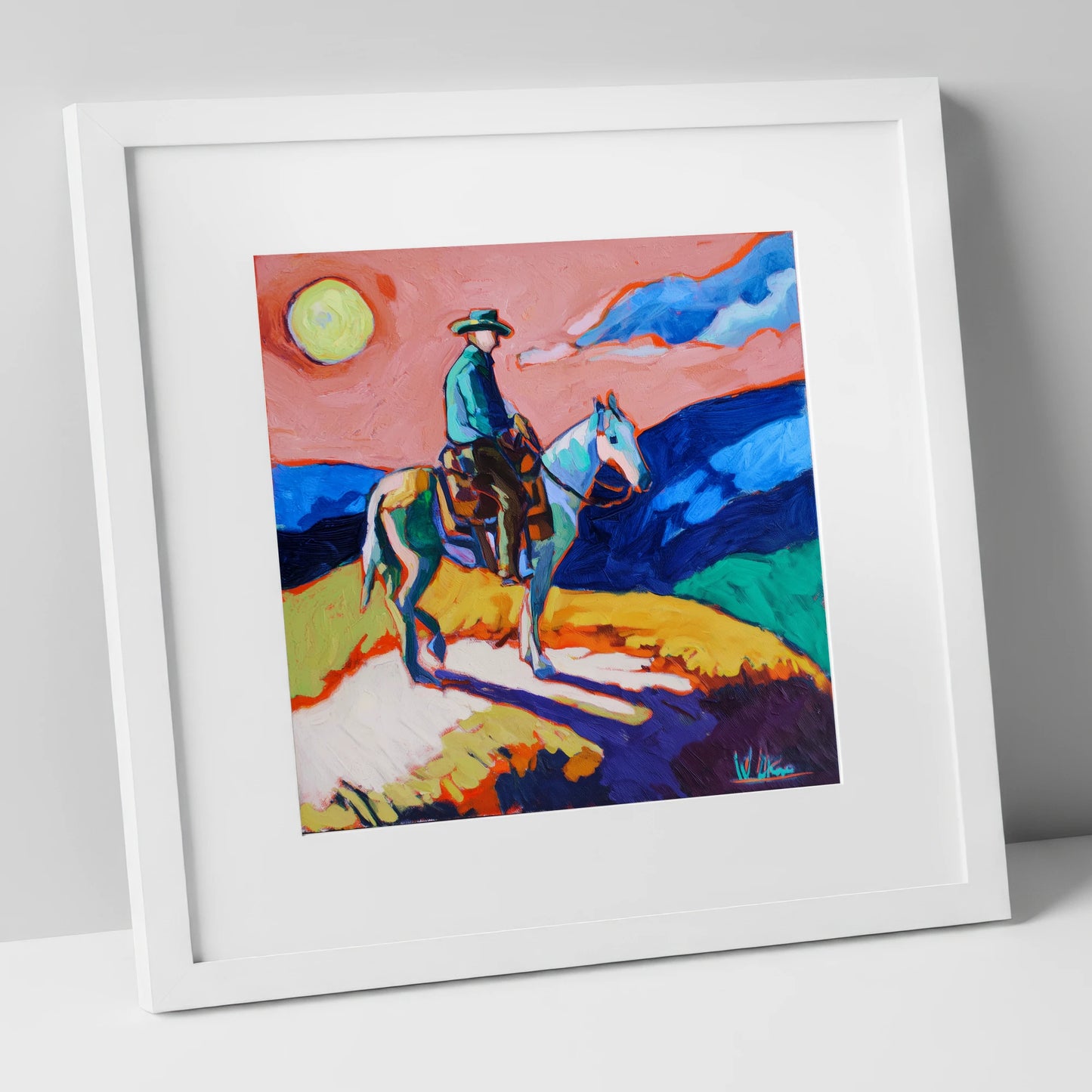 Technicolour Trail Rider western horse art print in white frame