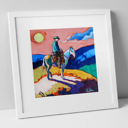 Technicolour Trail Rider western horse art print in white frame